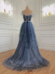 Vestido de fiesta de tul con espalda baja y tirantes de cuentas azul oscuro 