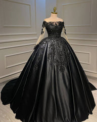 Vestido de fiesta de satén negro con mangas largas para quinceañeras 