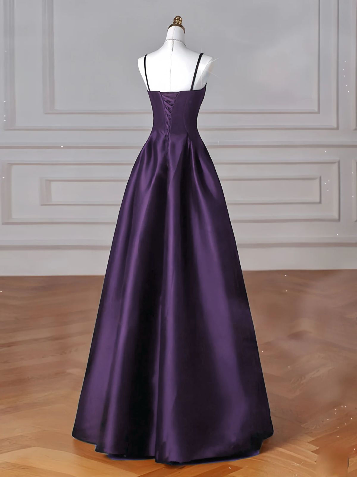 Vestido de fiesta morado de satén con escote en forma de A, sencillo, largo hasta el suelo 