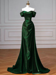 A-line Green Satin Off Shoulder Sweetheart Prom Dress