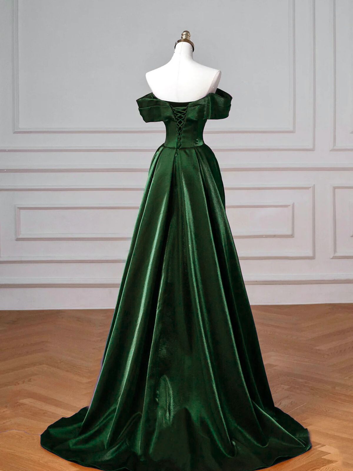 A-line Green Satin Off Shoulder Sweetheart Prom Dress