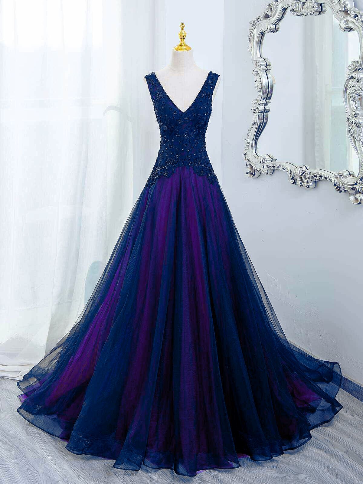 A-line Blue and Purple V-neckline with Lace Applique Party Dress