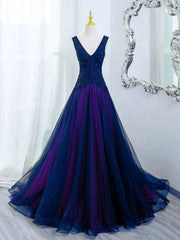 A-line Blue and Purple V-neckline with Lace Applique Party Dress