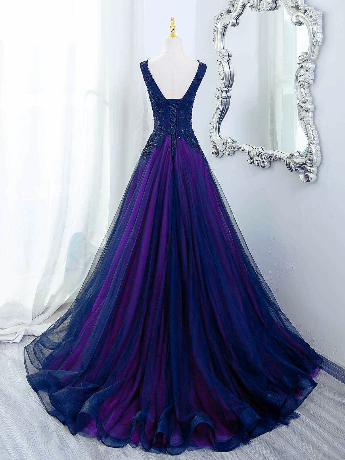 A-line Blue and Purple V-neckline with Lace Applique Party Dress