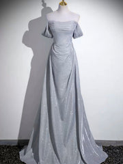 Precioso vestido de fiesta gris plateado con hombros descubiertos y largo hasta el suelo 