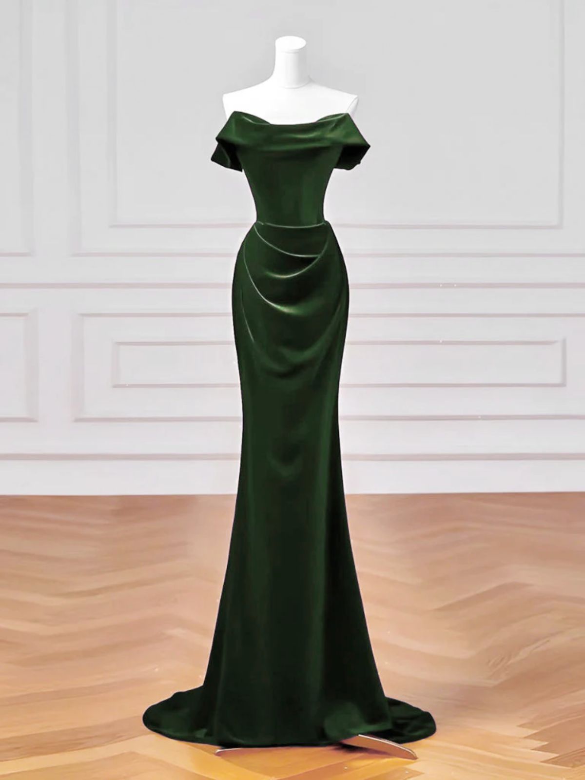 Vestido formal largo de sirena con hombros descubiertos y terciopelo verde 