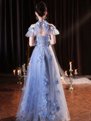 Light Blue Flowers Tulle Party Dress