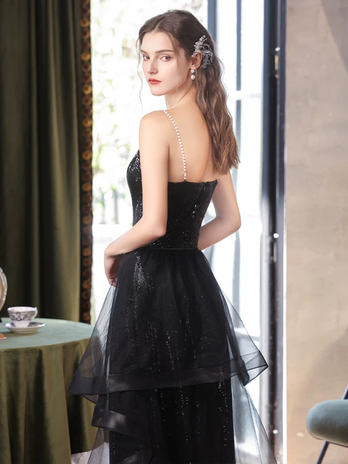 Black Sequins V-neckline Straps Long Party Dress