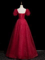 Wine Red Beaded Short Sleevs A-line Party Dress