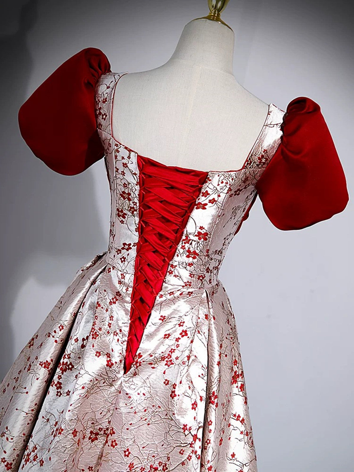 Lovely Satin Short Sleeves Floral Long Party Dress