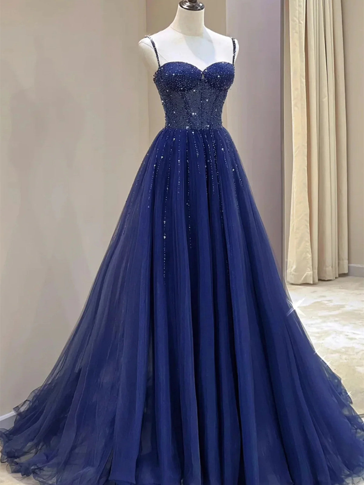 A-line Beaded Dark Blue Straps Tulle Prom Dress