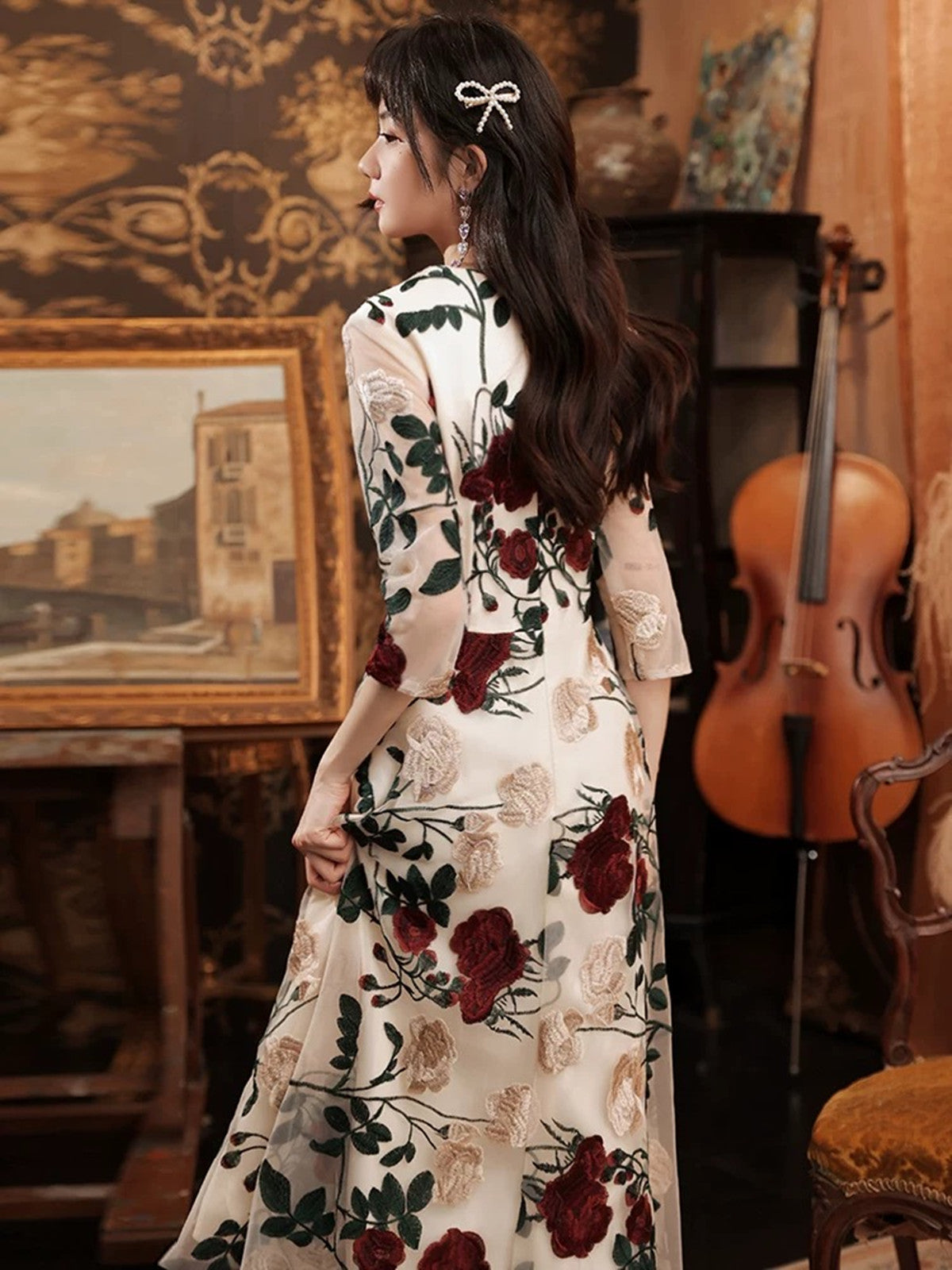 Ivory Floral Tea Length Wedding Party Dress with Sleeves