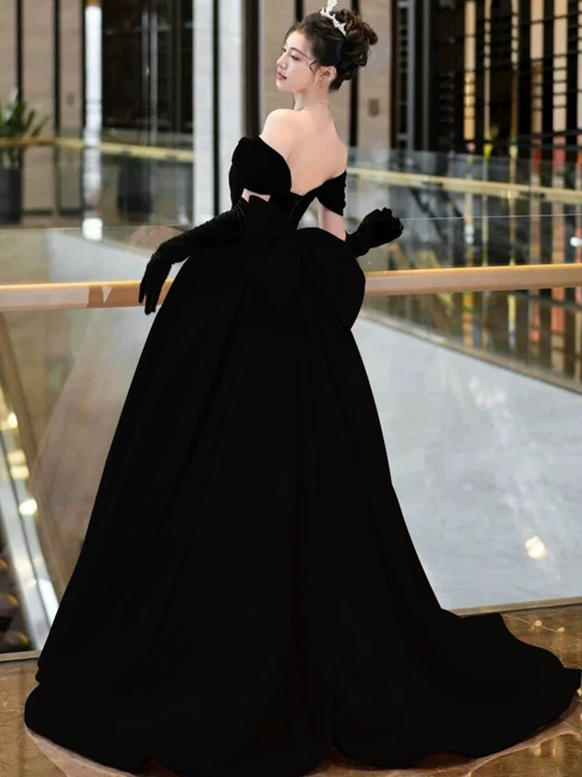 Black Velvet Off Shoulder Low Back Prom Dress with Bow