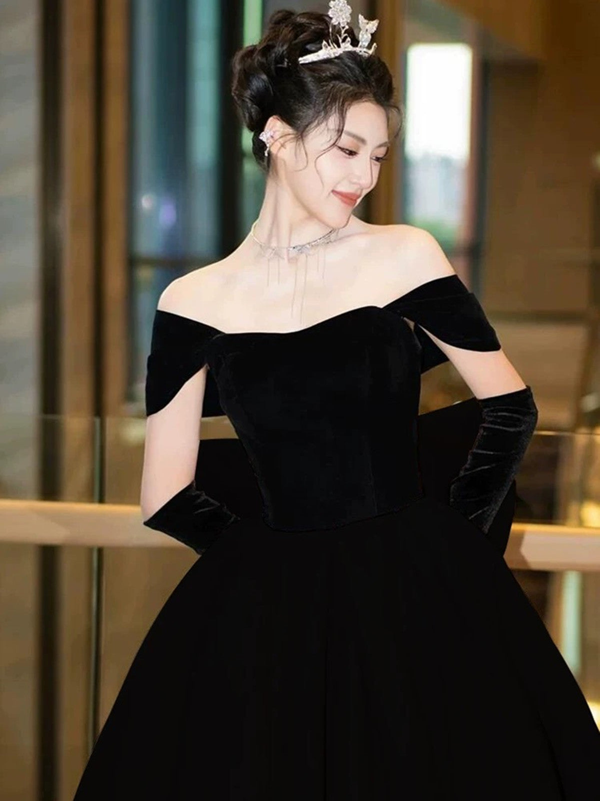 Black Velvet Off Shoulder Low Back Prom Dress with Bow