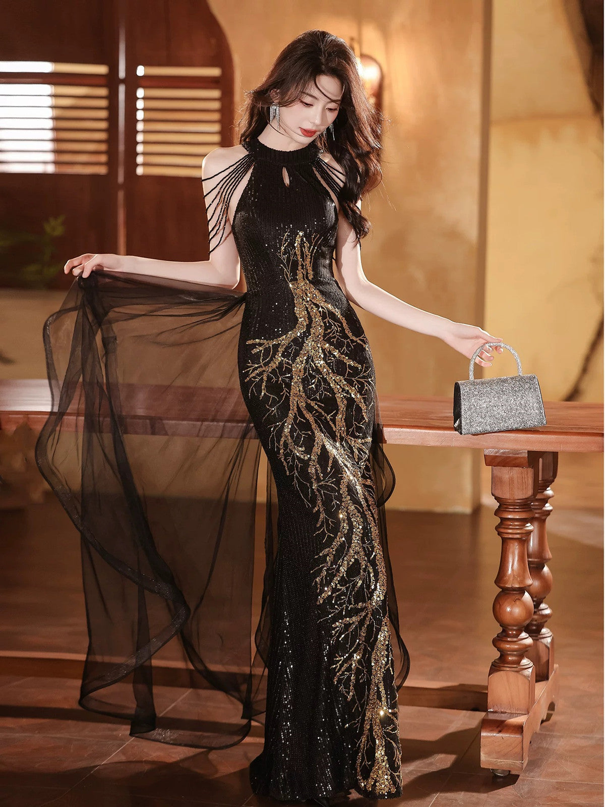 Black Sequins Halter Beaded Floor Length Party Dress