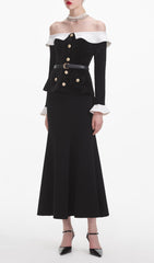 Elegant Black Chenille Off-Shoulder Peplum Midi Dress