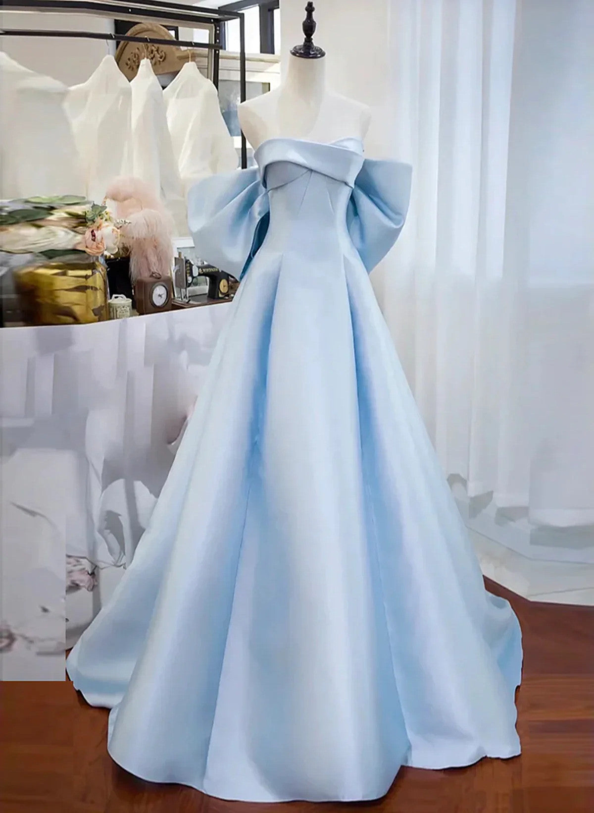 Light Blue Satin Sweetheart Off Shoulder Prom Dress