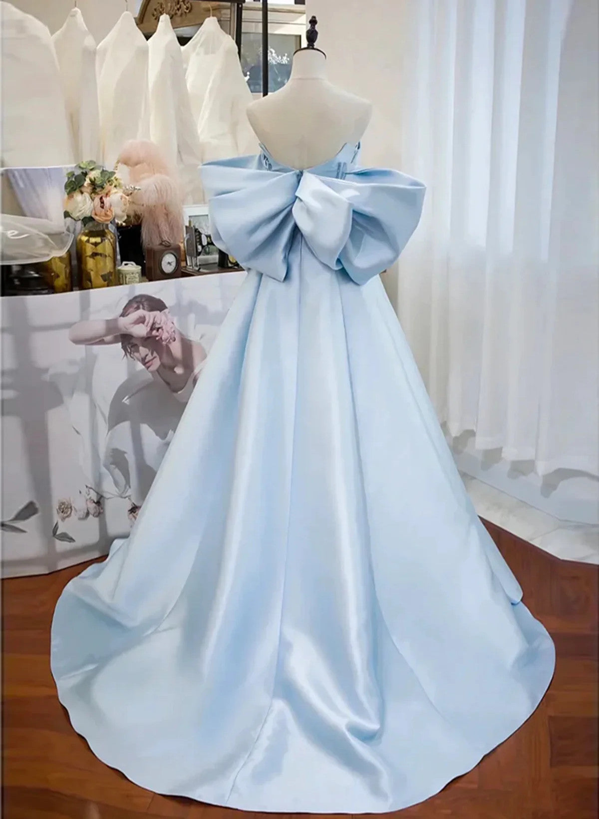 Light Blue Satin Sweetheart Off Shoulder Prom Dress