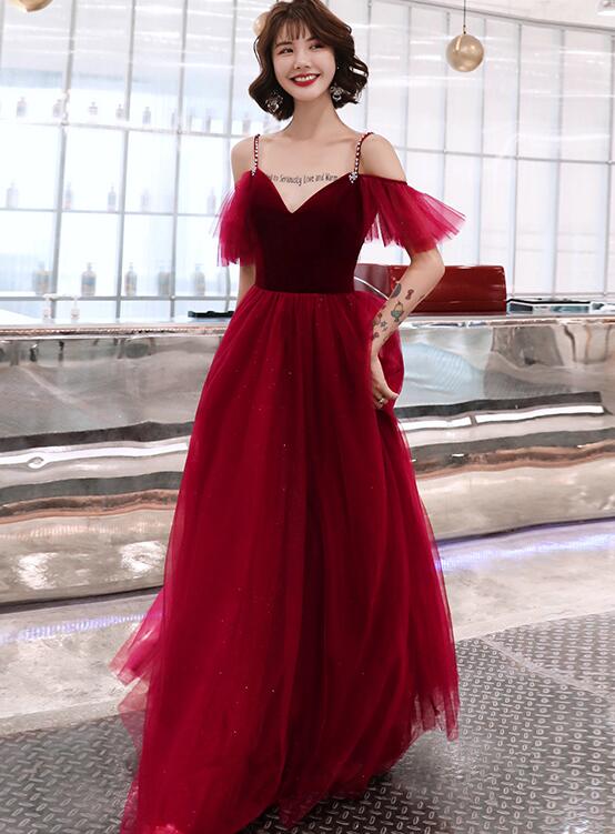 Charming Wine Red Straps Long Evening Party Dresses