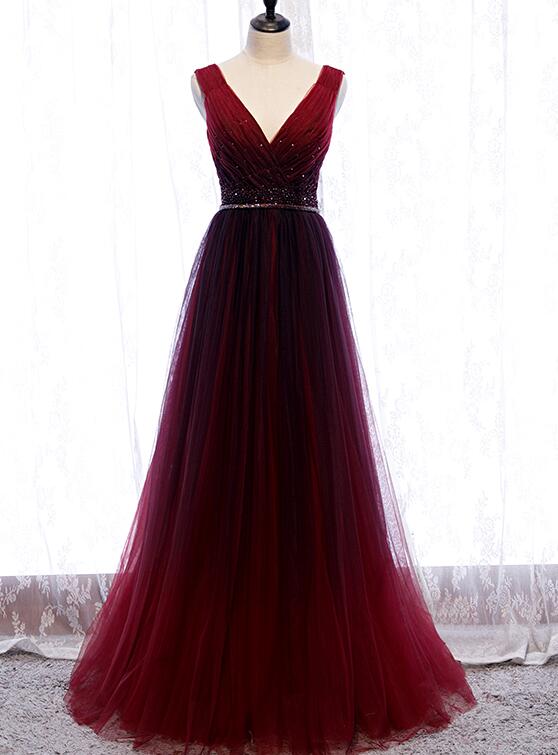 Gradient Beaded Wine Red Tulle Long Party Dress