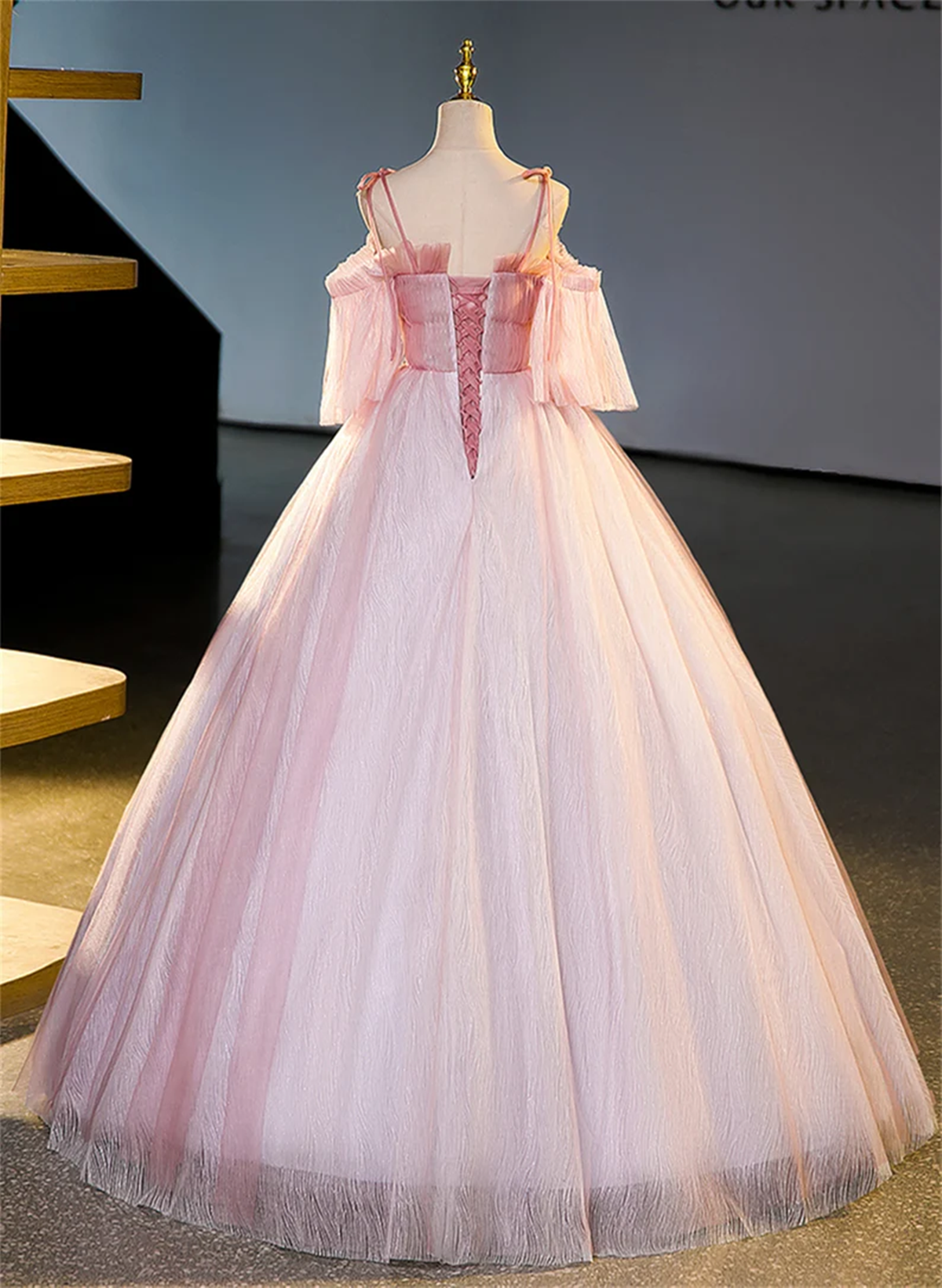 Vestido de fiesta largo de tul con cuentas y hombros descubiertos en color rosa 