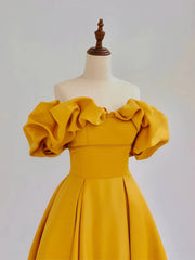 A-line Yellow Satin Sweetheart Off Shoulder Party Dress