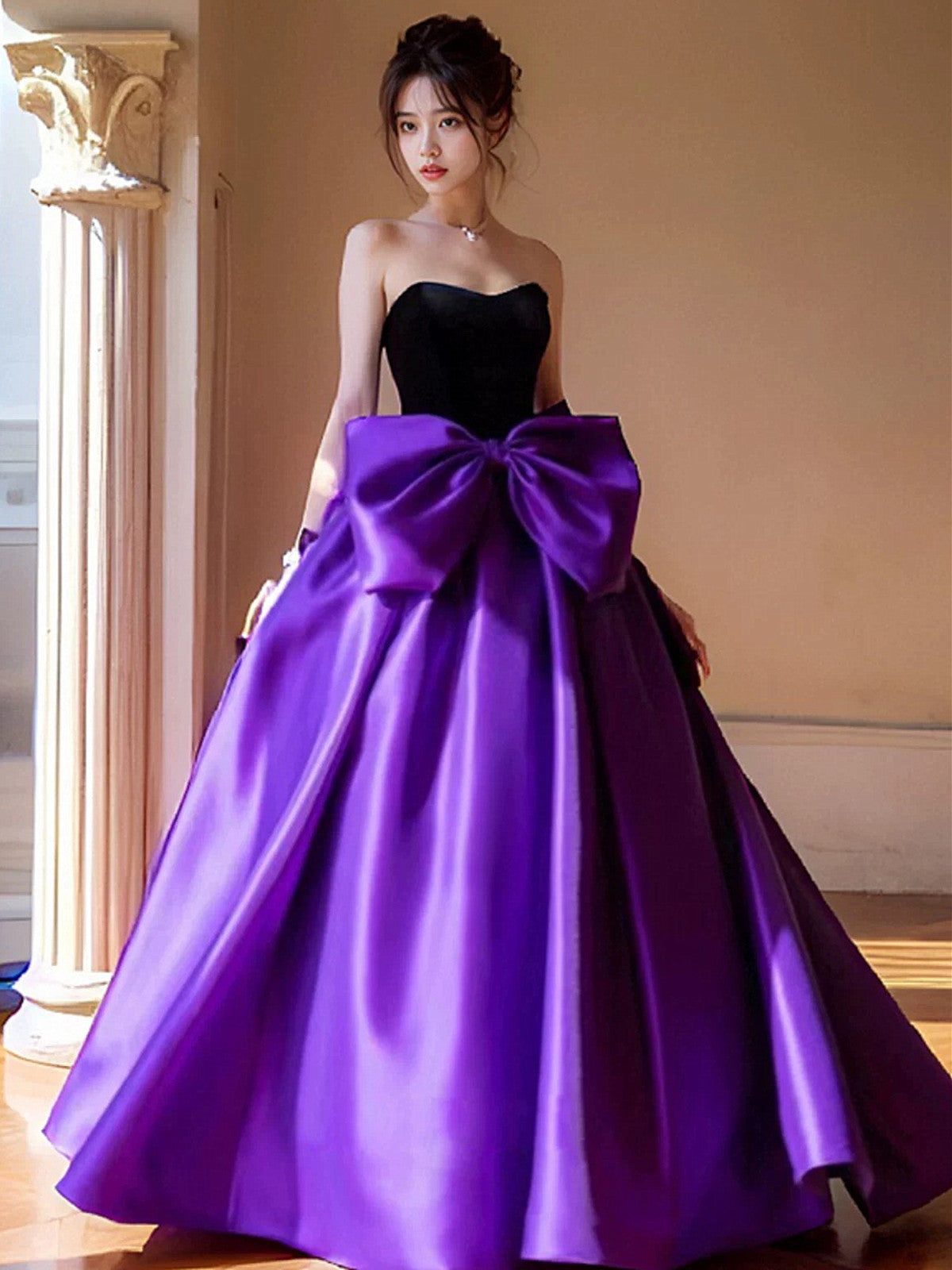 Chic Black and Purple Ball Gown Formal Dress with Bow