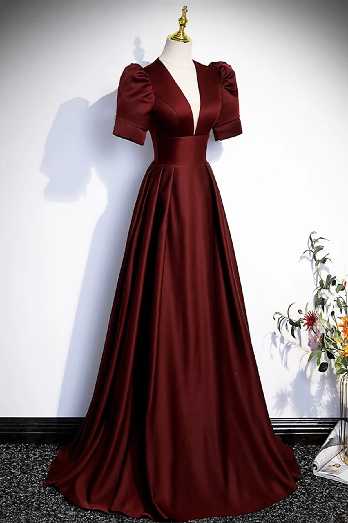 A-line Short Sleeves V-neckline Satin Prom Dress