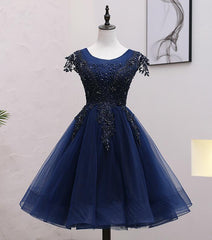 Navy Blue Tulle Beaded Knee Length Cap Sleeves Prom Dress