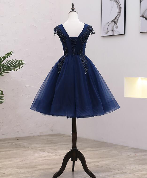 Navy Blue Tulle Beaded Knee Length Cap Sleeves Prom Dress