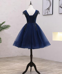 Navy Blue Tulle Beaded Knee Length Cap Sleeves Prom Dress