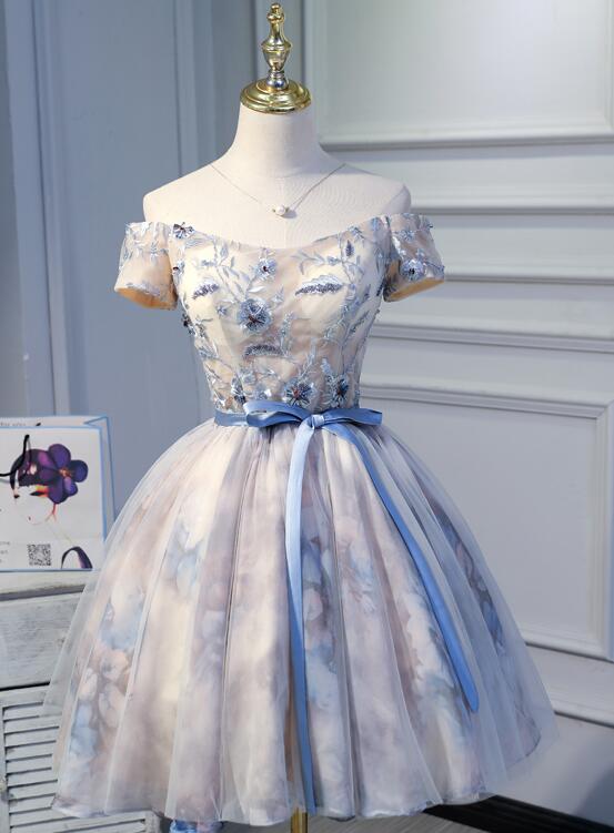 Light Pink Cute Short Tulle with Floral Lace Homecoming Dress