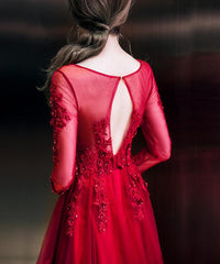 Wine Red Tulle Long Sleeves Lace Applique Party Dress