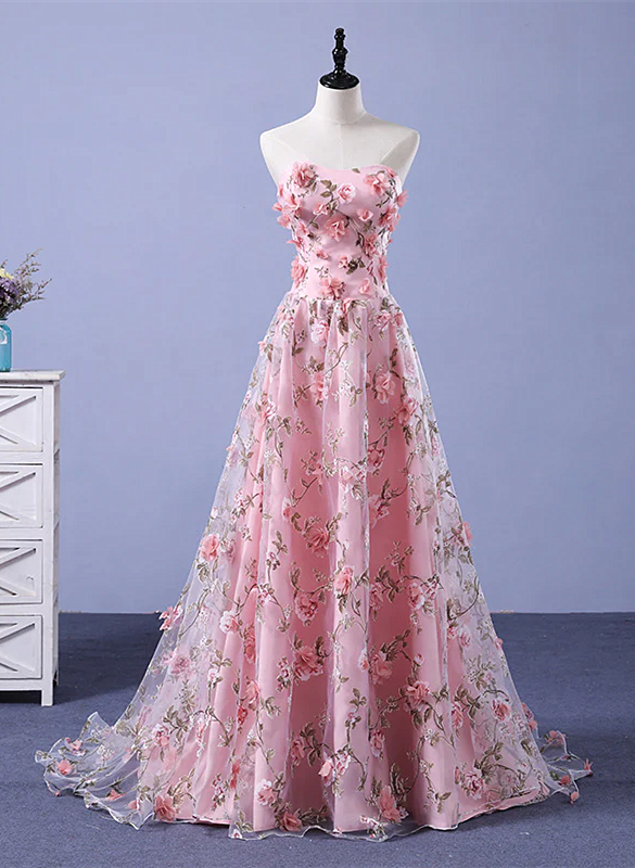 Vestido de noche largo rosa con flores en forma de A 