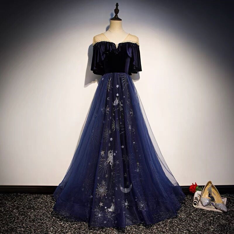 Blue Tulle with Velvet Long Party Dress