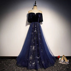 Blue Tulle with Velvet Long Party Dress