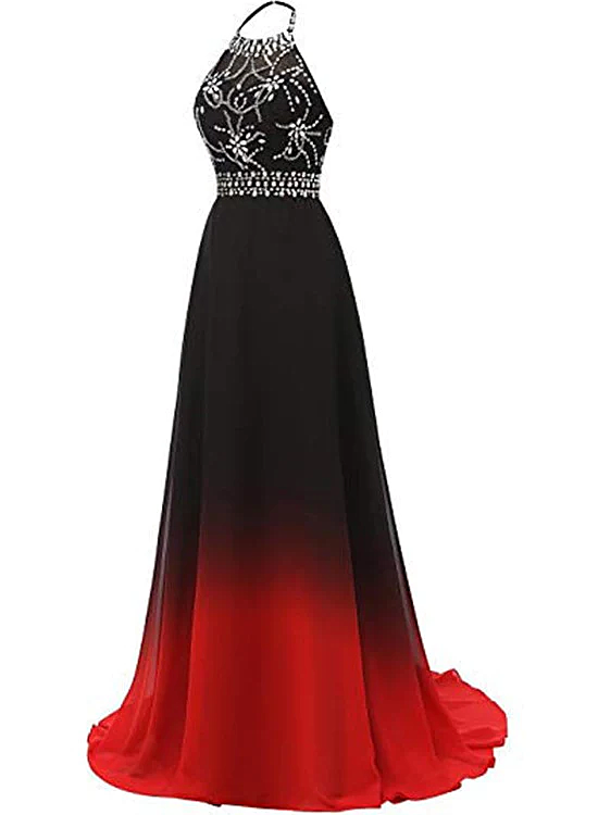 Vestido de fiesta de gasa con cuentas y cuello halter rojo y negro 