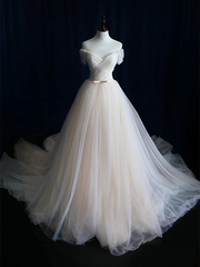 Vestido de fiesta de boda sencillo con cordones en tul color marfil y hombros descubiertos 