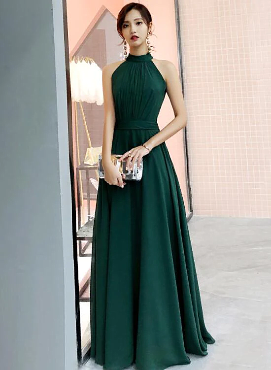 Vestido de fiesta de boda de gasa verde oscuro con cuello halter y largo hasta el suelo 
