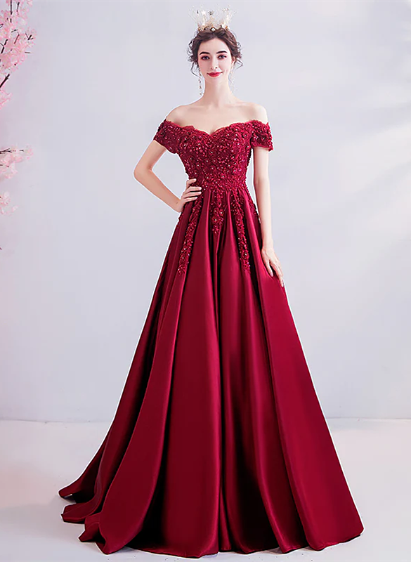Wine Red Beaded and Lace Off Shoulder Long Party Dress