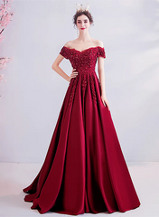 Wine Red Beaded and Lace Off Shoulder Long Party Dress