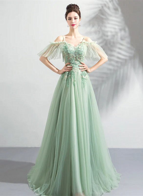 Beautiful Green Off Shoulder Sweetheart Lace Beaded Evening Dresses