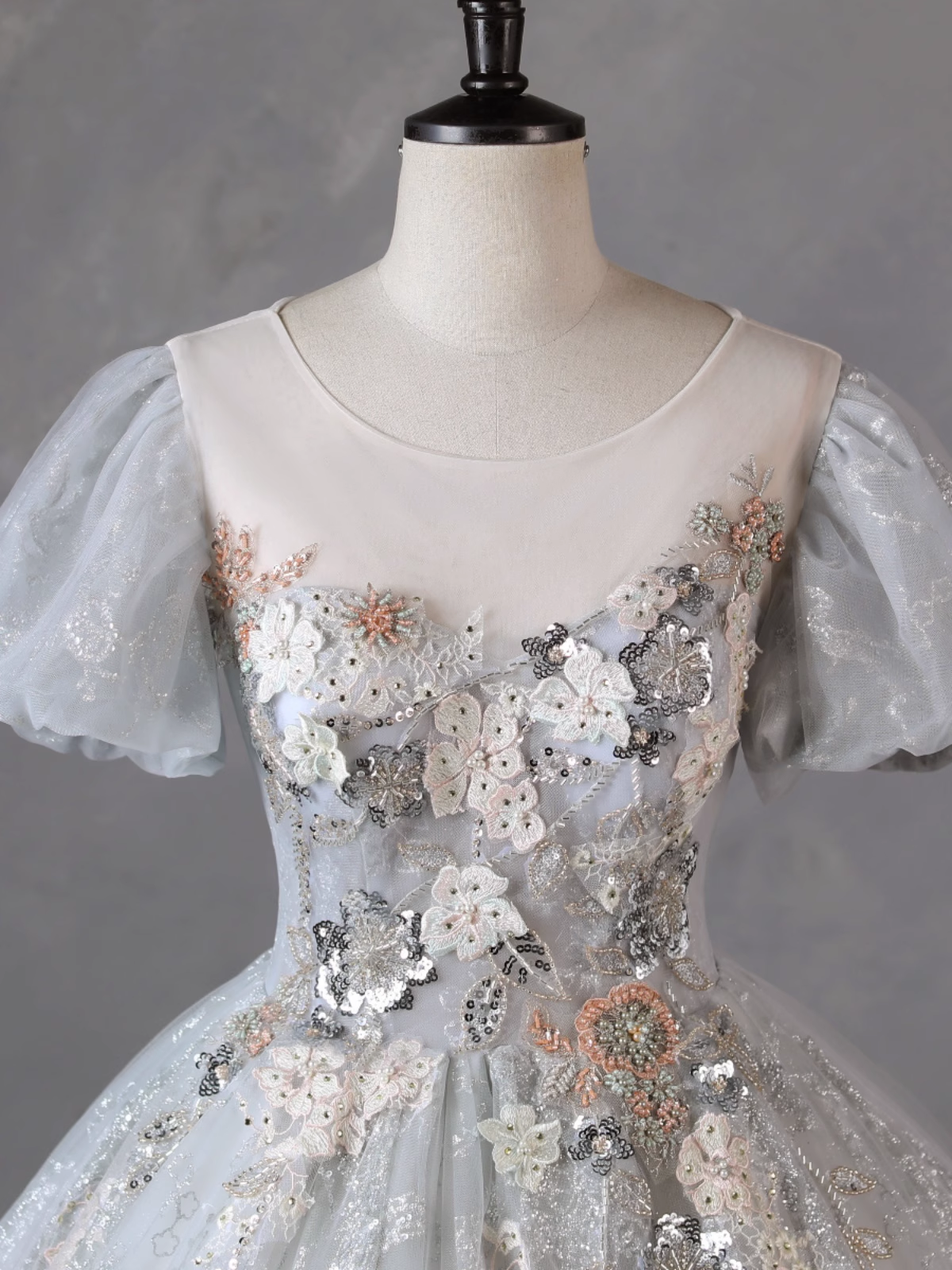 Grey Short Sleeves Tulle Ball Gown Prom Dress