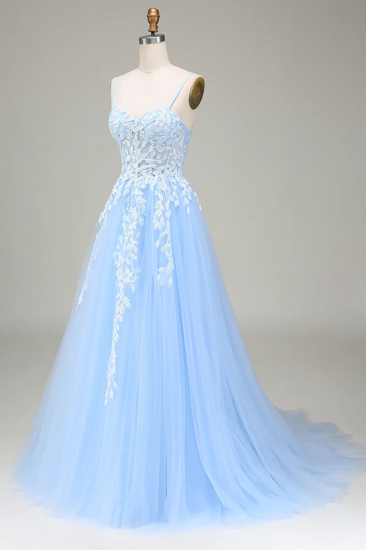 Light Blue Tulle A-line Prom Dress Party Dress with Lace