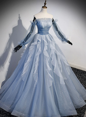 Vestido de fiesta azul claro con mangas largas y cuentas 
