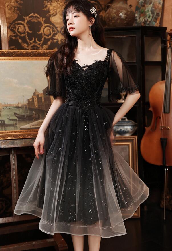 Black Tulle Gradient Short Sleeves Party Dress with Lace