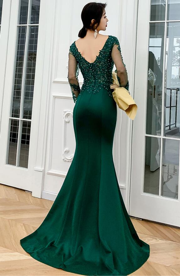Dark Green Mermaid Lace and Beaded Evening Dresses
