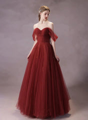 Vestido formal largo de tul rojo vino con escote en forma de A y escote en forma de corazón 