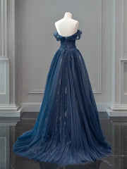 Vestido de fiesta largo de tul azul marino con escote en forma de A y escote en forma de corazón 