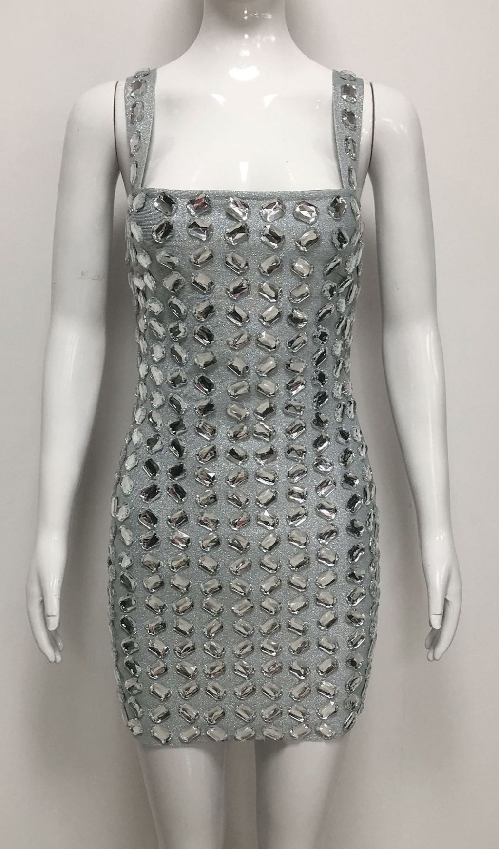 Isabeau Dazzling Grey Rhinestone Strappy Mini Dress